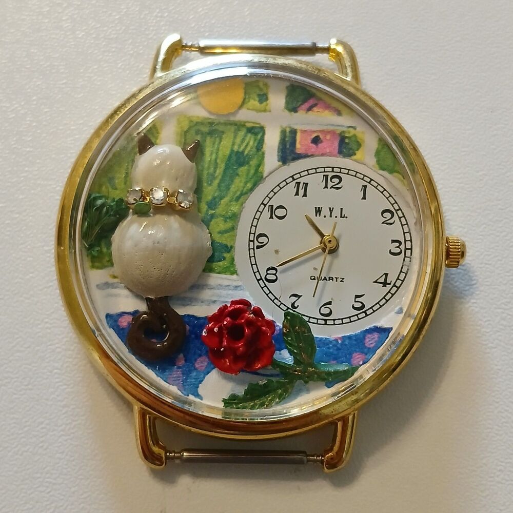 Vintage 90s W.Y.L. 3D Cat & Red Rose Watch Head Gold Tone Quartz 41mm